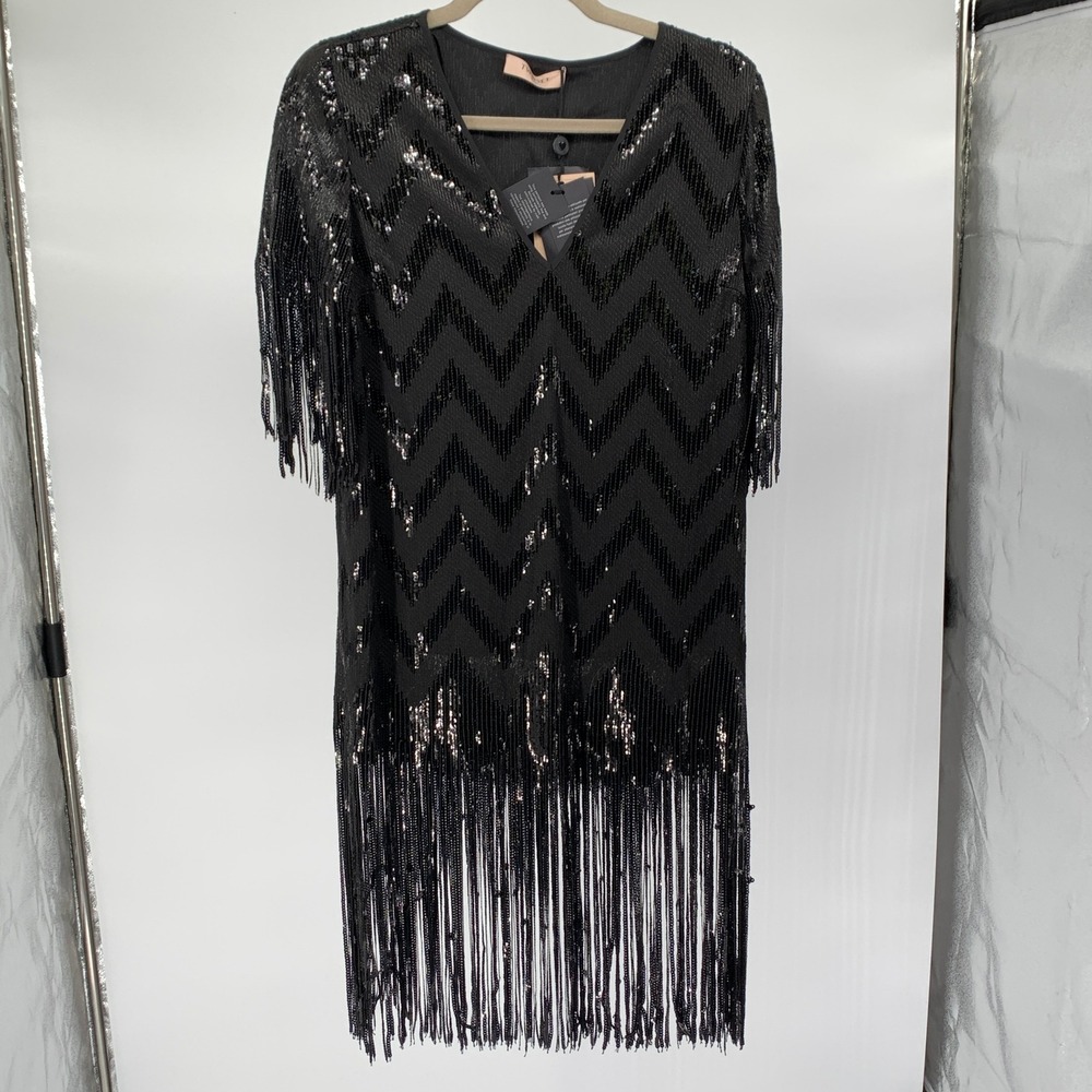 Twinset Milano Black Sequin Fringe Chevron Dress V-Neck Lace IT 42 US 6